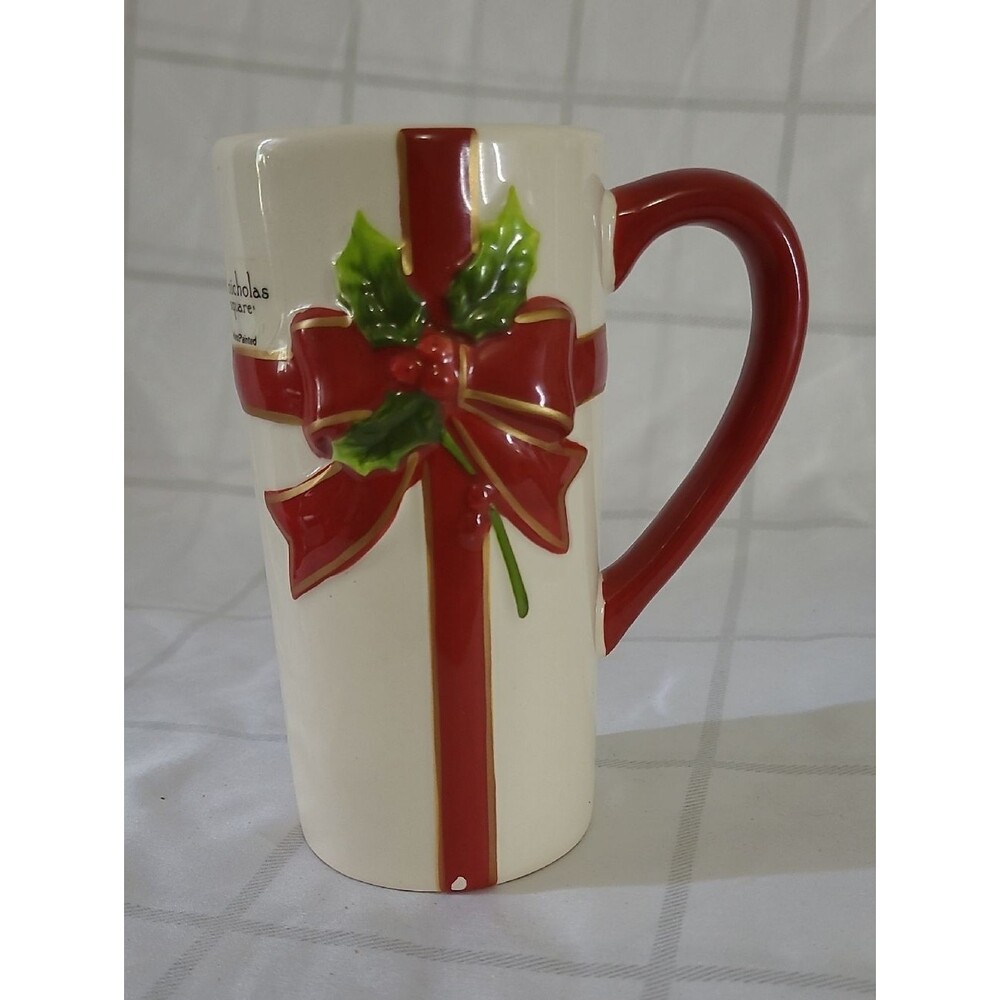 St. Nicholas Square Cream Mug with Red Bow Accents